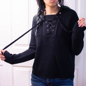 FALLS CREEK Knit Lace Up Hooded Sweater